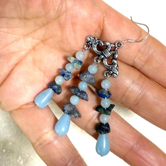 2/20$, Blue Dyed Agate & Lapis Lazuli Earrings, Gemstone & Sterling Silver Hook - Picture 11 of 12